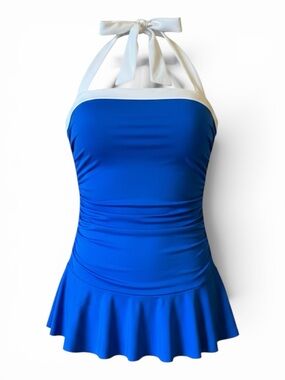 Lauren Ralph Lauren Bel Air Skirted Swimsuit Size 14 Mio Halter Blue White NWOT